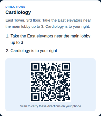 Directions card with steps and QR